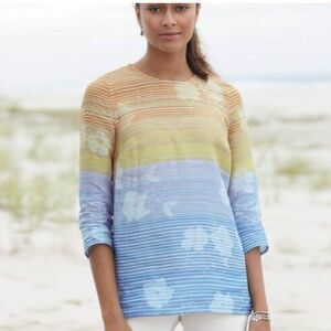 J. Jill Women Colorful 100% linen sunset floral colorblock ombré Top large EUC!